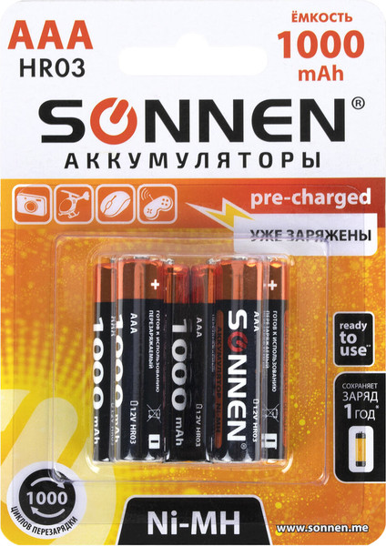 Комплект аккумуляторов Sonnen ААA HR03 1000mAh / 455611 - фото
