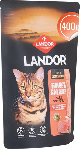 Сухой корм для кошек Landor Полнорац. для шерсти, здоровья кожи c индейкой и лососем / L1003 - фото