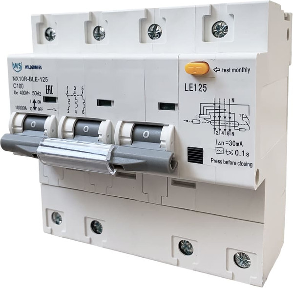 Дифференциальный автомат Wilderness NX10R-BLE-125 3P+N C63 300mA AC 10kA (R) / NX10RB-4-063C-300AC - фото