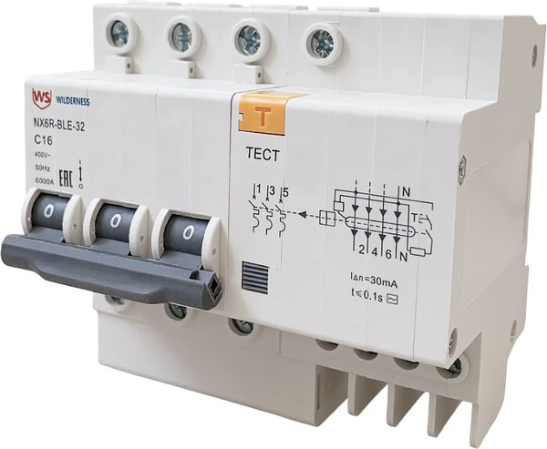 Дифференциальный автомат Wilderness NX6R-BLE-32 3P+N C10 10mA AC 6kA (R) / NX6RB-4-010C-010AC - фото
