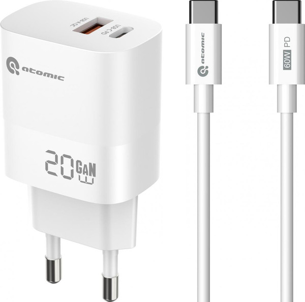 Зарядное устройство сетевое Atomic Motion G202 GAN 20W 2-порта USB (A+C) с USB (С-С) / 10.203 - фото