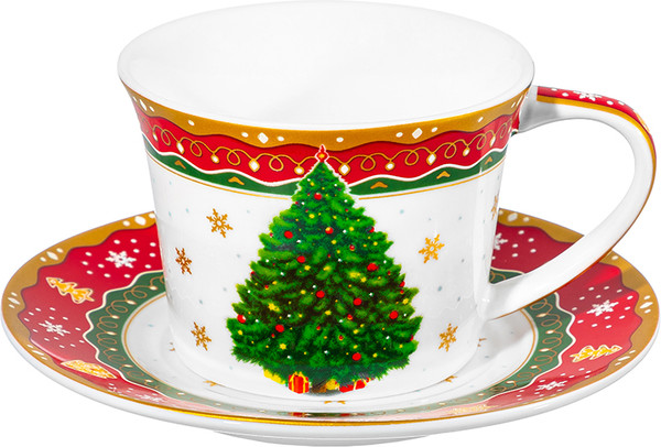 Чашка с блюдцем Elan Gallery Новогодняя ёлка New Bone China / 420806 - фото