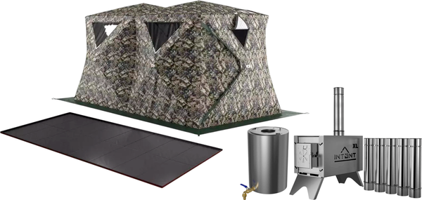 Палатка-баня MORZH Куб дубль с полом, печью и баком для воды (камуфляж) - фото