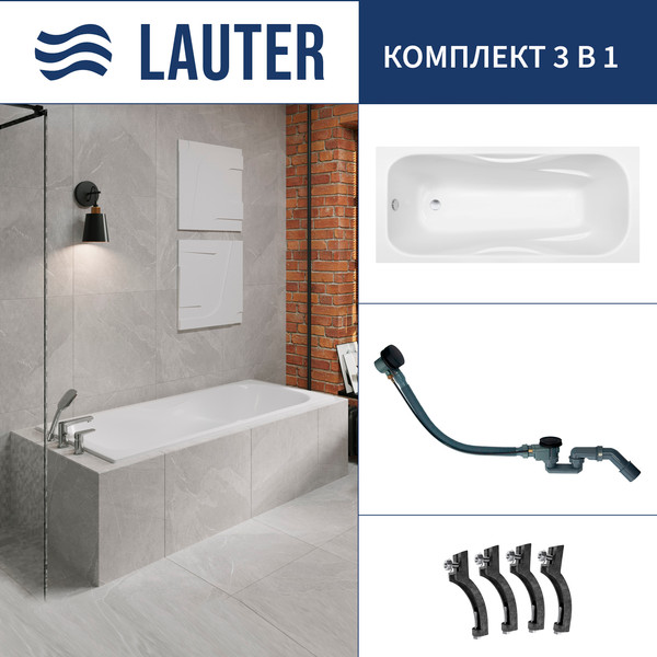 Ванна чугунная Lauter Regina 21014171 / 170x80 с сифоном 21Y32001 (матовый черный) - фото