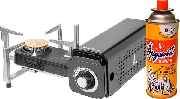 Плита туристическая Coyote MS-100 с газовым баллоном Дружба ДР-520 - фото