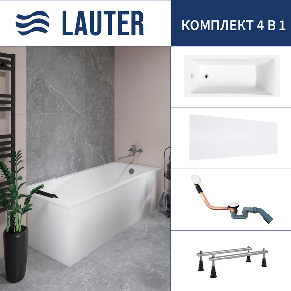 Ванна акриловая Lauter Aurora 170x75 / 21010075 (с ножками, лицевым экраном и сифоном 21Y11022 белый) - фото