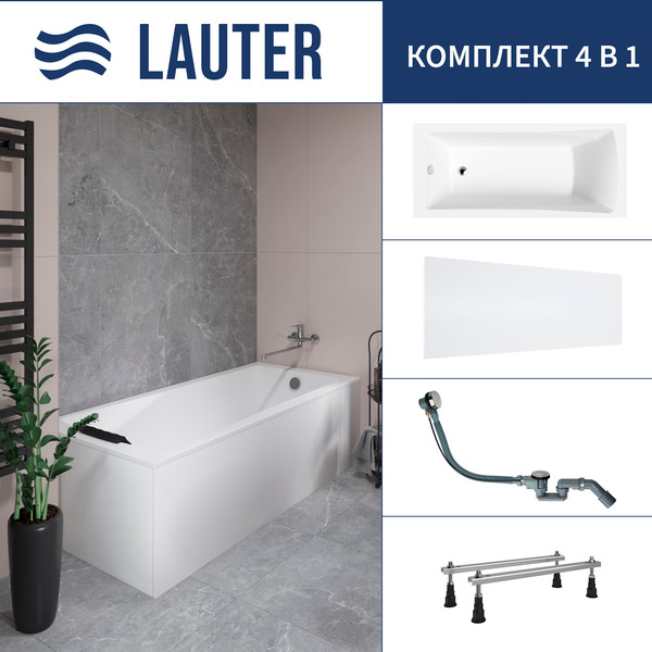 Ванна акриловая Lauter Aurora 170x75 / 21010075 (с ножками, лицевым экраном и сифоном 21Y32000 хром) - фото