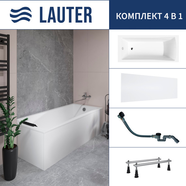 Ванна акриловая Lauter Aurora 170x75 / 21010075 (с ножками, лицевым экраном и сифоном 21Y32001 матовый черный) - фото