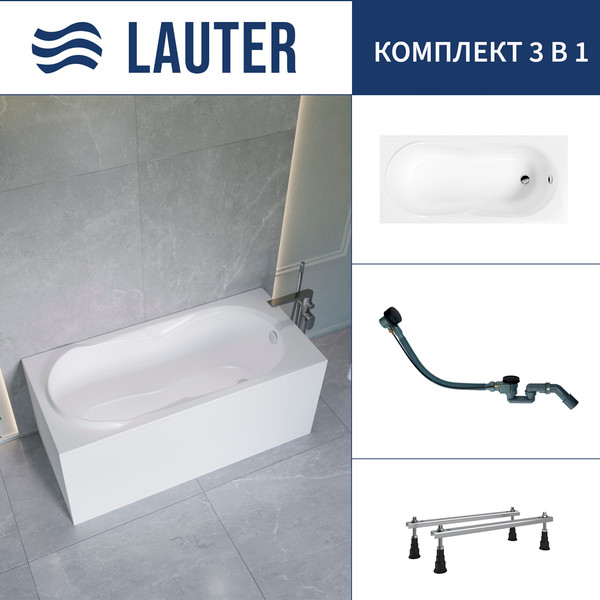 Ванна акриловая Lauter Celeste 170x75 / 21060075 (с ножками и сифоном 21Y32001 матовый черный) - фото