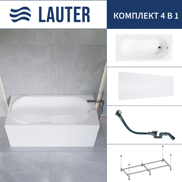 Ванна акриловая Lauter Celeste 170x75 / 21060075 (с каркасом, лицевым экраном и сифоном 21Y32002 белый) - фото