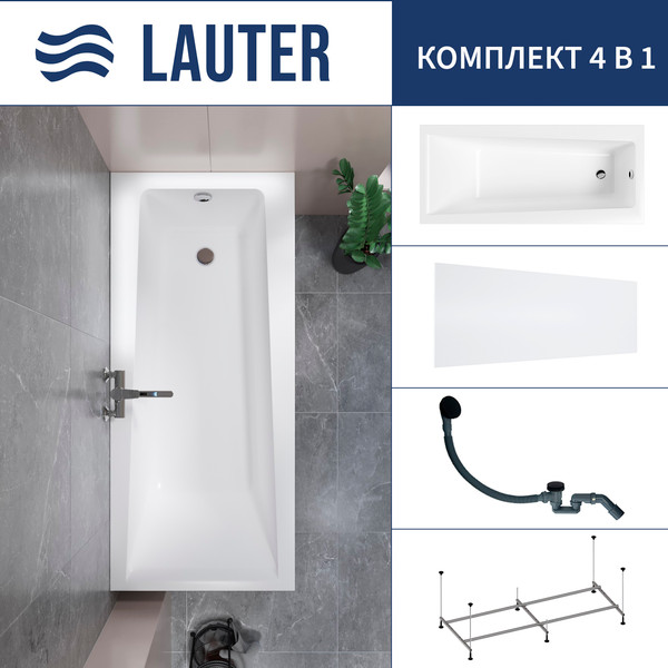 Ванна акриловая Lauter Versailles 170x75 / 21070075 (с каркасом, лицевым экраном и сифоном 21Y31001 матовый черный) - фото