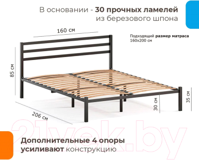 Двуспальная кровать Домаклево Сталь 160x200 (черный)