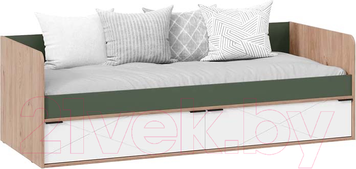 Кровать-тахта ТриЯ Лео с ящиками 85x200 (гикори джексон/белый матовый/дымчатый зеленый) - фото